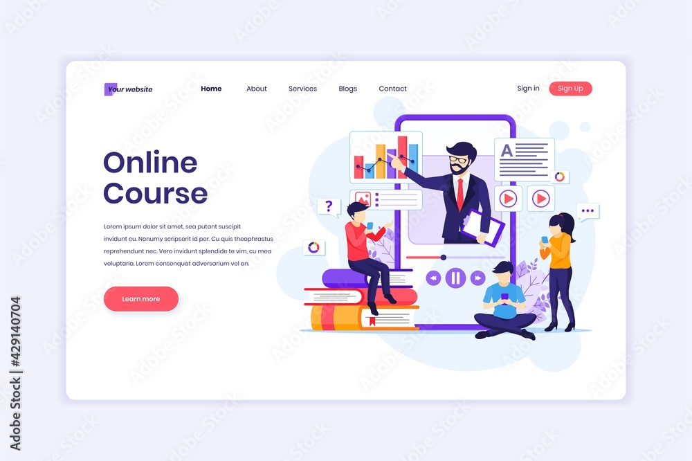 Landing page design concept of Online learning, Students learning online video courses on a giant smartphone. vector illustration