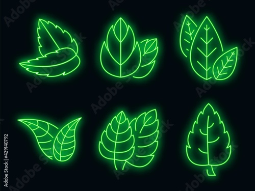 Mint icons set. Outline set of mint vector icons neon color on white