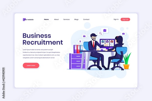 Landing page design concept of Business recruitment concept, a woman sitting at the desk with a business suit in a job interview. vector illustration
