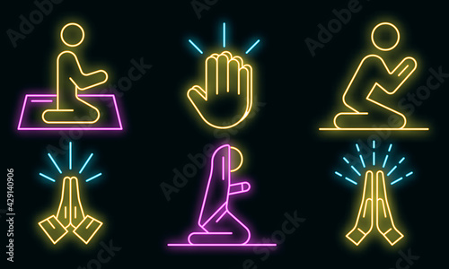 Prayer icons set. Outline set of prayer vector icons neon color on white
