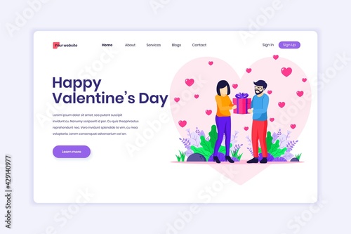 Landing page design concept of Valentine's Day Celebration, A man is expressing love by giving a heart symbol to a woman. Man and Woman in Relations. vector illustration