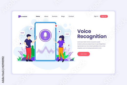 Landing page design concept of Voice recognition, voice security identification. Digital Voice assistant. vector illustration