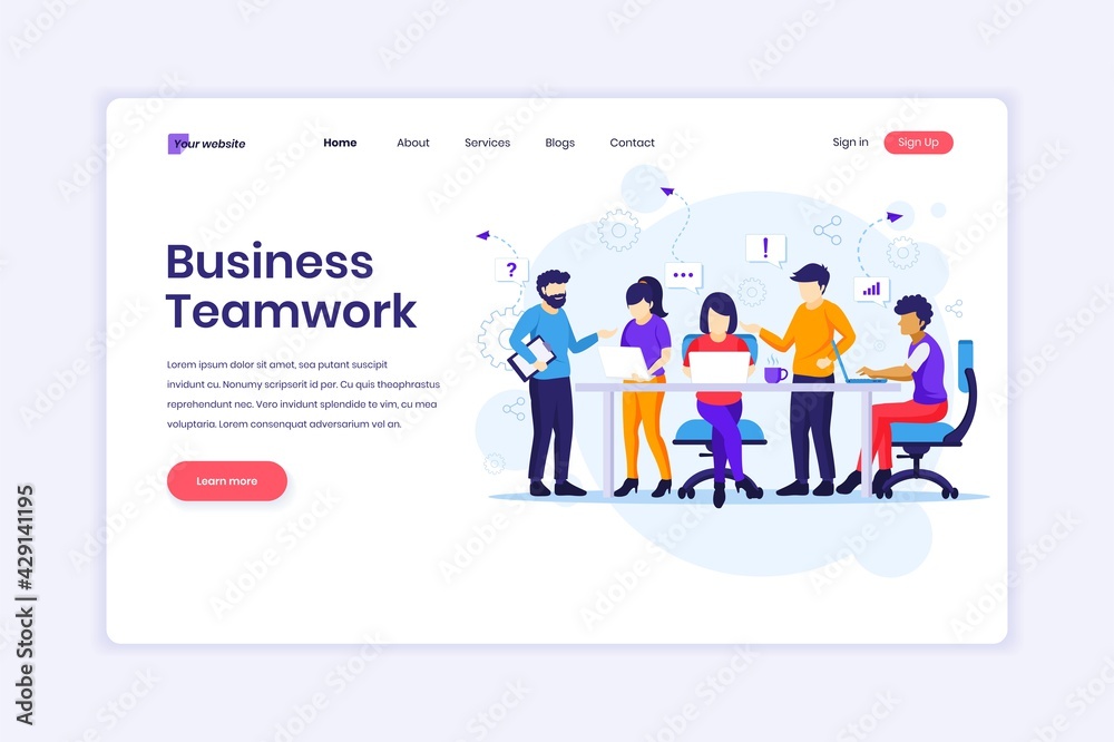 Landing page design concept of Business teamwork, people working in table meeting and the co-working office. vector illustration