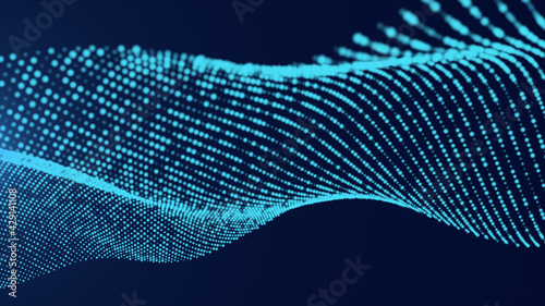 Blue glowing technology wave particles with dark blue background