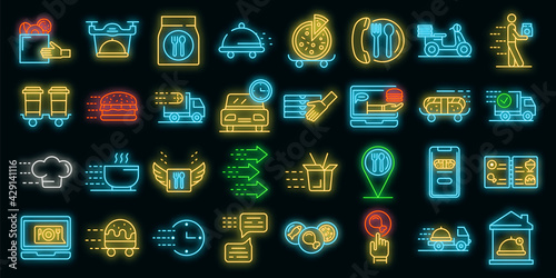 Food delivery service icons set. Outline set of food delivery service vector icons neon color on white