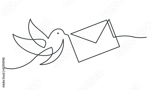 Continuous line drawing of bird carrying a letter. 
Bird postman flying with envelope. Vector illustration