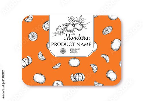 Mandarin. Ripe citrus. Template for product label, cosmetic packaging. Easy to edit. Graphic drawing, engraving style. Vector illustration.