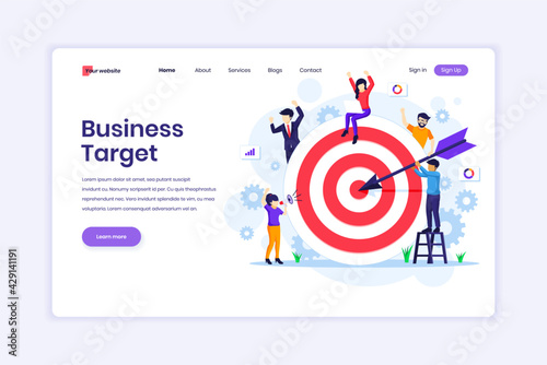 Landing page design concept of Business Target, People put darts on the dartboard. target with an arrow hit the target. vector illustration