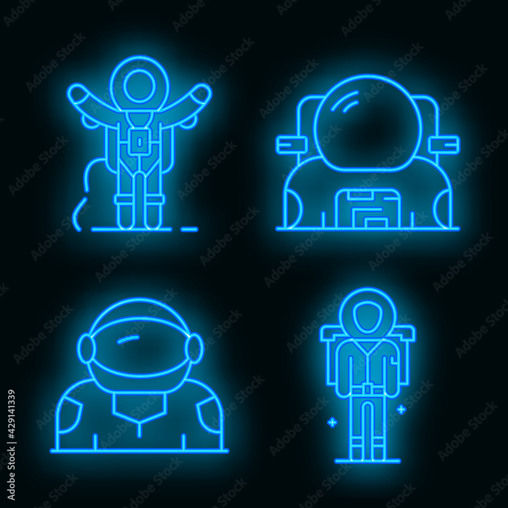 Astronaut icons set. Outline set of astronaut vector icons neon color on white Astronaut icons set. Outline set of astronaut vector icons neon color on white