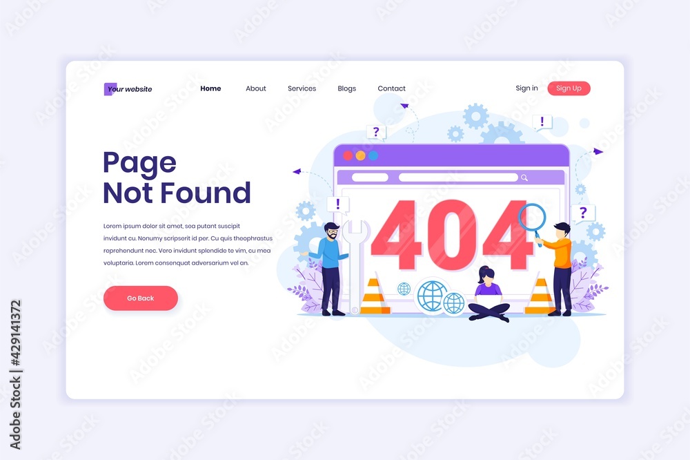 Landing page design concept of 404 error page not found with people trying to fix error on a web screen page. vector illustration
