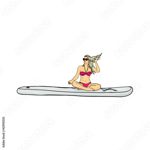 Vector summer illustration contour sportive girl on soap. Sport, yoga, beach, soap with a girl on the beach for printing in coloring, logo, icon, blank for designer