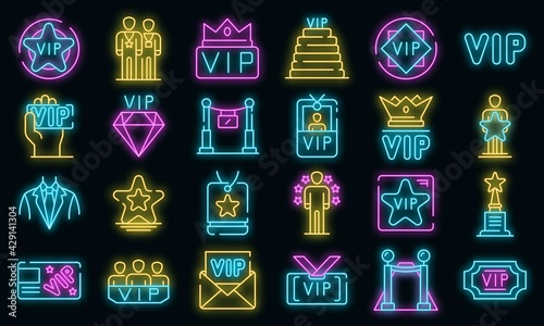 Vip icons set. Outline set of vip vector icons neon color on white