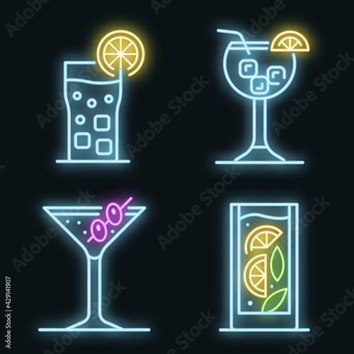 Cocktail icons set. Outline set of cocktail vector icons neon color on black
