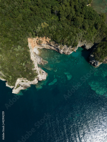 Aerial view of steep stone cliffs with green forest above transparent emerald water of Adriatic sea. Stones on seabed. Unspoiled nature of Montenegro coast. Budva. Scenic landscape. Balkans nature.