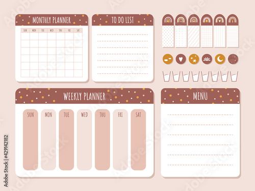 Cute monthly planner in boho style. Daily, weekly template. To do list. Business organizer page with stickers. Kids schedule. Flat cartoon vector illustration.