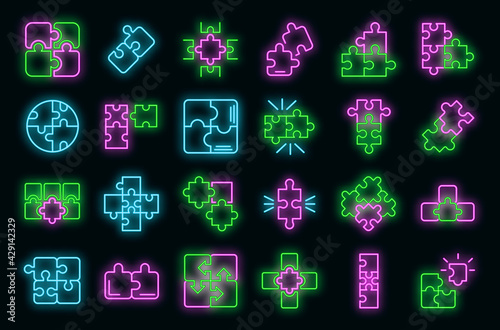 Jigsaw icons set. Outline set of jigsaw vector icons neon color on black