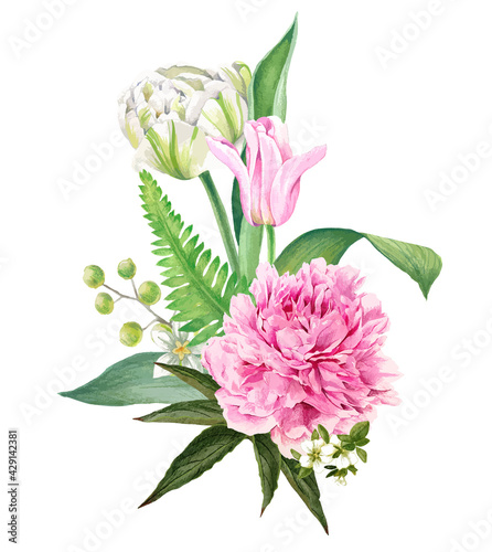 Peony and tulips bouquet, Hand drawn vector