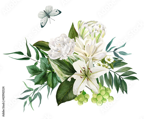 Lush bouquet composed of white flowers and greenery