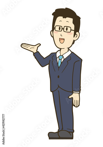 手の平を上に向け案内するスーツの男性のイラスト