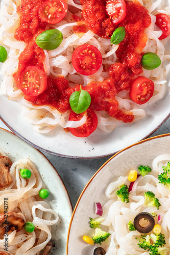 Konjac pasta dishes with vegetables close-up, low-calorie diet