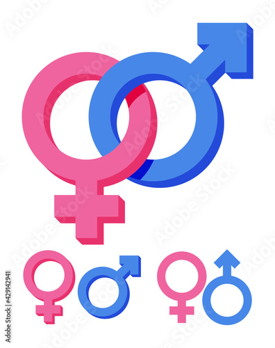 Pink and blue gender symbol isolated on white. Feminine and masculine signs. Male, female, boy, girl, man, woman icon. Flat vector illustration