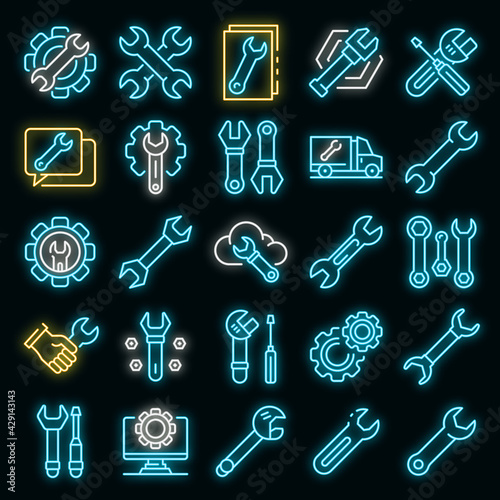 Wrench icons set. Outline set of wrench vector icons neon color on black