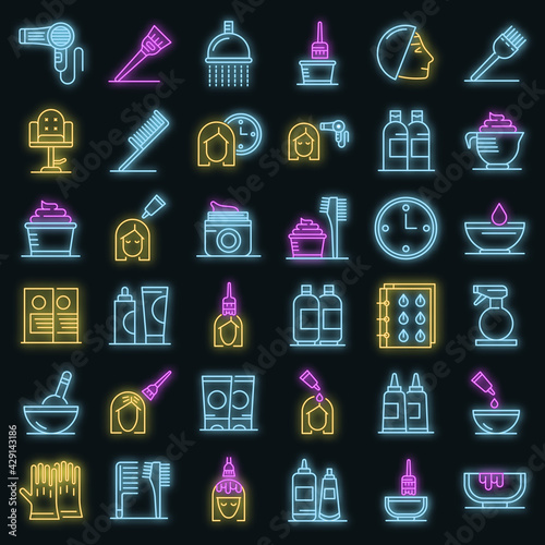 Hair dye icons set. Outline set of hair dye vector icons neon color on black