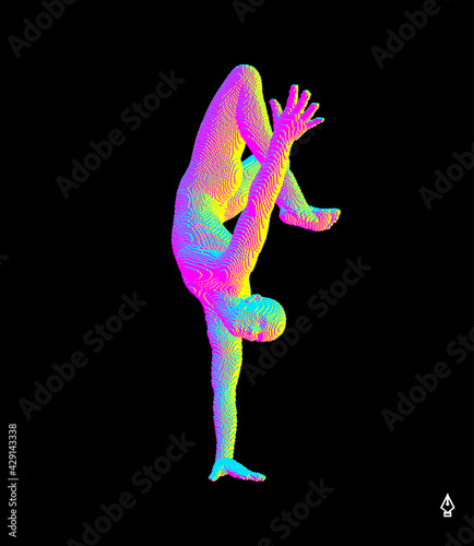 Man making one arm handstand. Gymnast. 3D vector illustration for fitness studio, dance class, yoga or aerobics training. Voxel art.