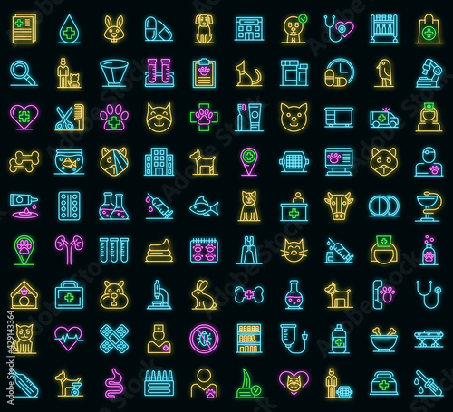 Veterinarian icons set. Outline set of veterinarian vector icons neon color on black