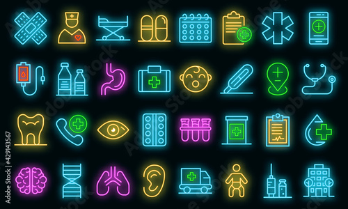 Pediatric clinic icons set. Outline set of pediatric clinic vector icons neon color on black