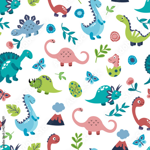 Seamless pattern with cute hand drawn dinosaurs. Design of fabrics  textiles  wallpaper  packaging  decoration of a children s room.