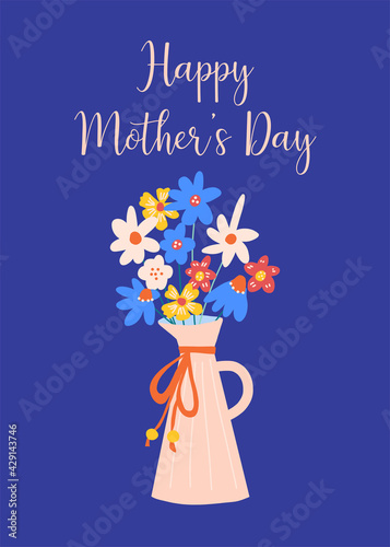 Mothers Day greeting card template flower vase blue. Floral vase hand drawn Mother's day holiday greeting card. Cute illustration Happy Mothers Day. High quality photo.