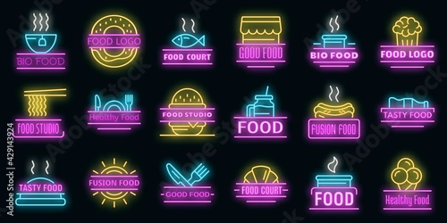 Food courts breakfast logo set. Outline set of food courts breakfast vector logo neon color on black