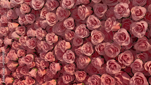 Beautiful, Romantic Flower Blooms arranged in the shape of a wall. Red, Elegant, Roses composed to create a Bright floral background. 3D Render