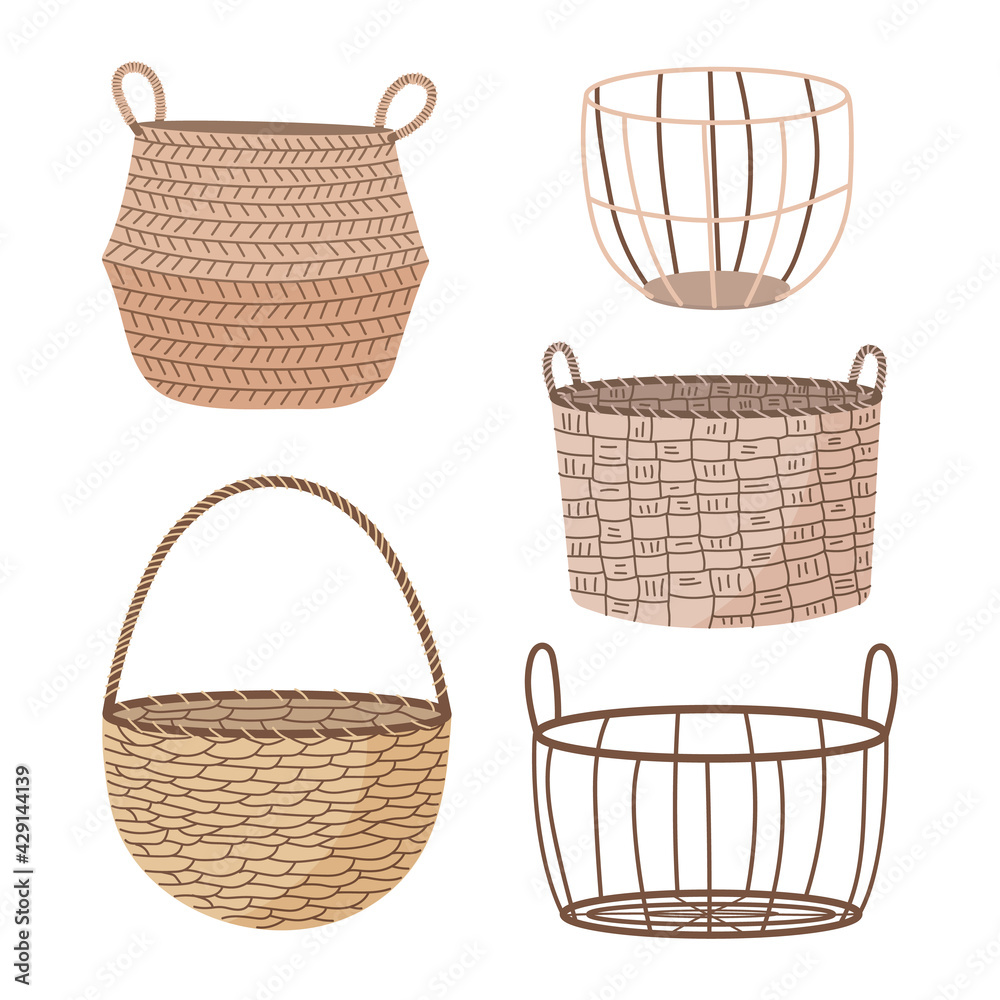 Set of hand drawn wicker baskets. Trendy empty baskets. Straw baskets isolated on white background.
