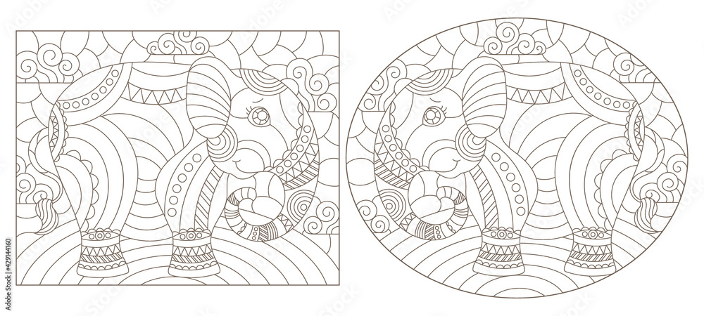 Set of outline illustrations in the style of stained glass with abstract elephants , dark outlines on white background