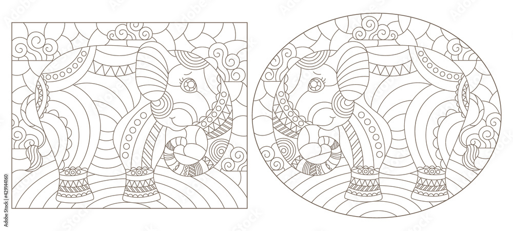 Set of outline illustrations in the style of stained glass with abstract elephants , dark outlines on white background Set of outline illustrations in the style of stained glass with abstract elephants , dark outlines on white background