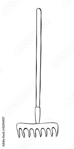 Rake. Hand drawn outline vector illustration in doodle style, isolated. Gardening element. Tools for working in the garden, on the farm, in the dacha, country site