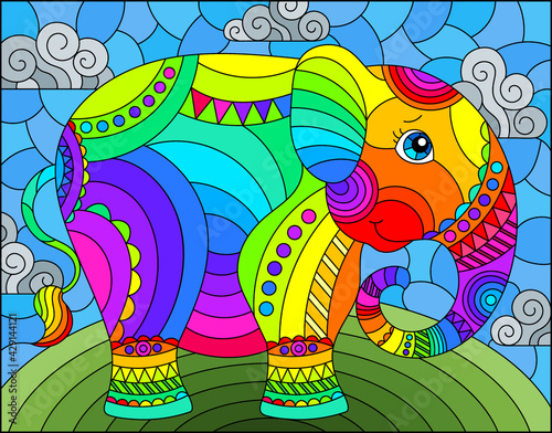 Illustration in stained glass style with abstract cute rainbow elephant on a blue sky background with clouds