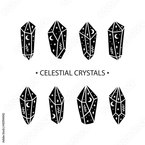 Magic and celestial crystal vector illustration set. Trendy witchcraft symbol gem. Mystical boho crystal with stars, crescent moon for card, poster, print, social media icons, t shirt