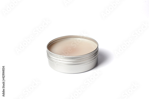 Metal jar of cream isolated on white background. Aluminum pot for natural cosmetic product. Skin care. Container for cream open