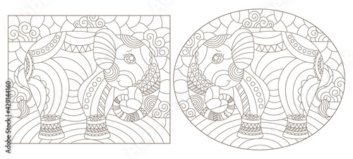 Wallpaper Mural Set of outline illustrations in the style of stained glass with abstract elephants , dark outlines on white background Torontodigital.ca