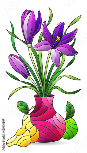 Illustration in the style of a stained glass window with a floral still life, a vase of flowers and fruit isolated on a white background