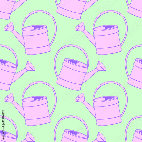 Seamless pattern with watering cans. Hand drawn outline vector background and texture in doodle style, isolated. Gardening tools for working in the garden, on the farm, in the dacha, country site