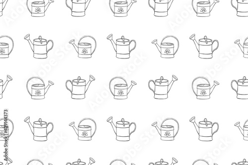 Seamless pattern with watering cans. Hand drawn outline vector background and texture in doodle style, isolated. Gardening tools for working in the garden, on the farm, in the dacha, country site