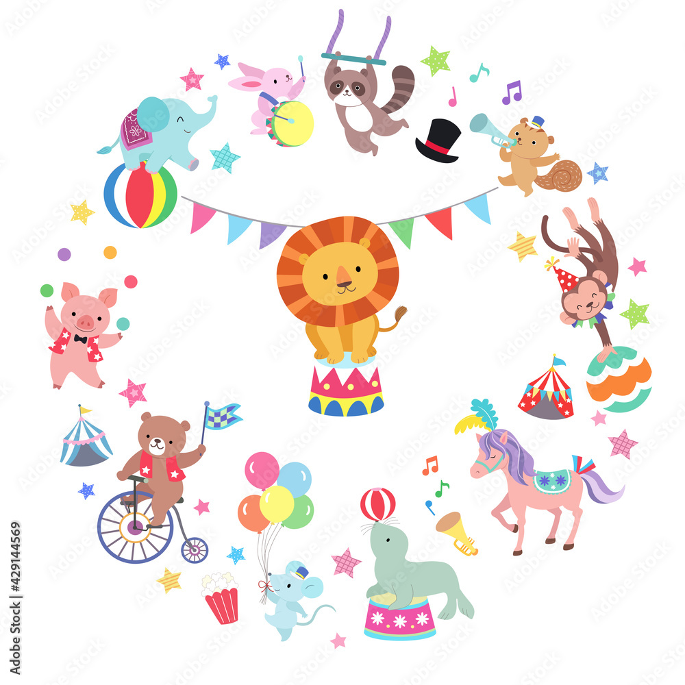 A round frame composed of various animals, and illustrations related to the circus A round frame composed of various animals, and illustrations related to the circus