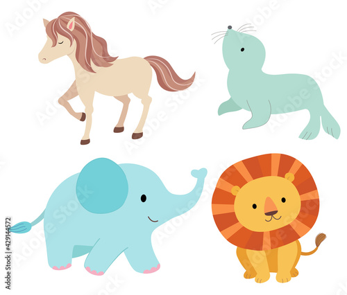 Four common animals in the circus, horses, elephants, lions and seals