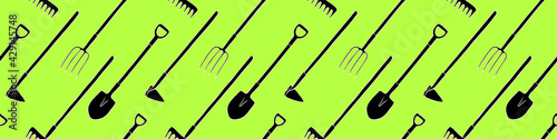 Seamless pattern with garden equipments: shovels, spades, rakes, hoes, pitchforks. Vector backgrounds and textures with tools for working on the farm, in dacha, country site in flat doodle style