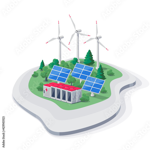 Vector illustration of photovoltaic solar panels, wind turbines and rechargeable lithium-ion battery electricity storage backup. Renewable energy electric smart power station island off-grid system.