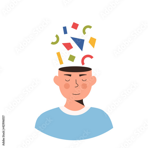 Person with complicated thoughts and feelings. Character thinking, planning and solving problems or puzzle in mind. Psychological concept. Autistic person, different creative mind. Vector illustration